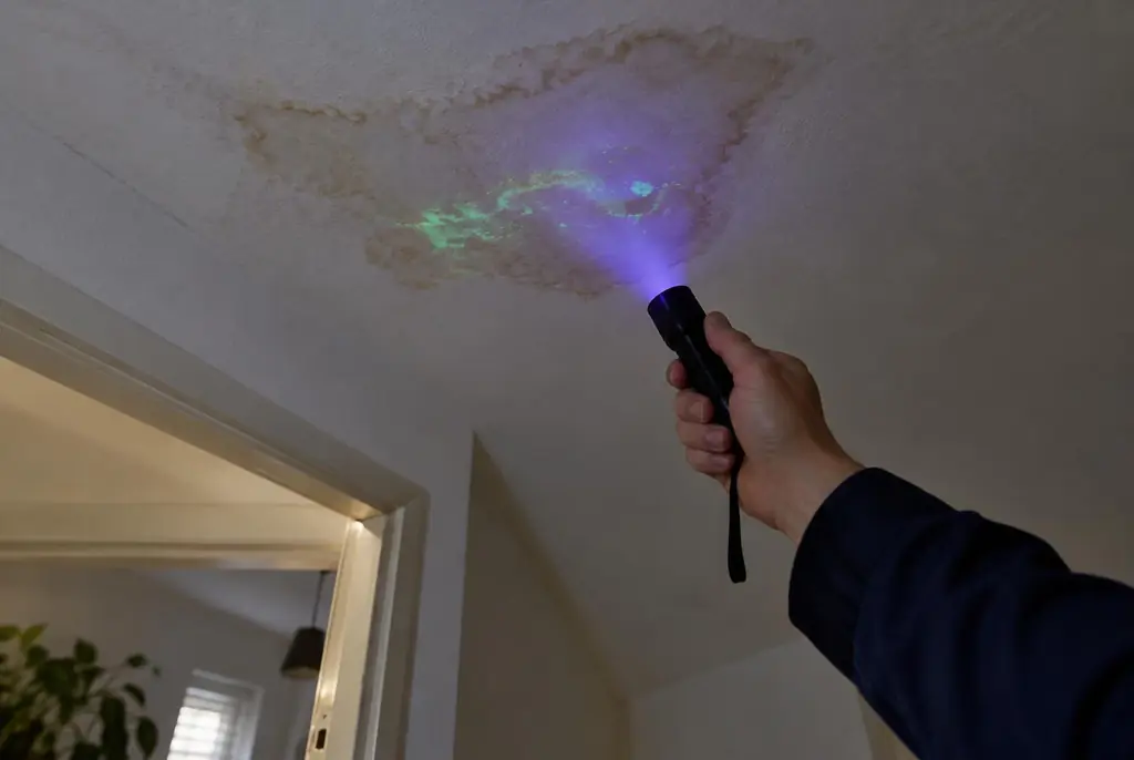 Lekdetectie Rijnsburg – kleurstof controleren op het plafond met uv-licht