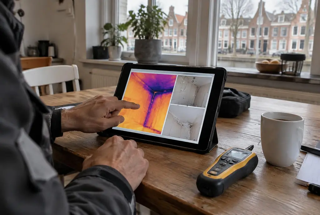 Lekdetectie Rijnsburg – lekdetectierapport met warmtebeelden en foto's op een tablet