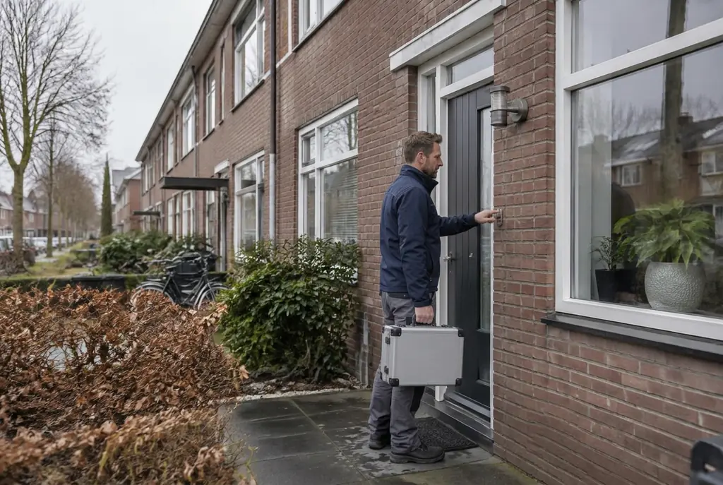 Lekdetectiespecialist met meetkoffer bij de voordeur van een woning in Rijnsburg